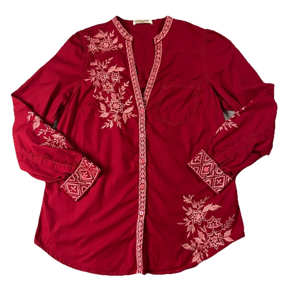 Wayward Fancies Long Sleeve Button Up Floral Embroidered Blouse Red Pink Women L